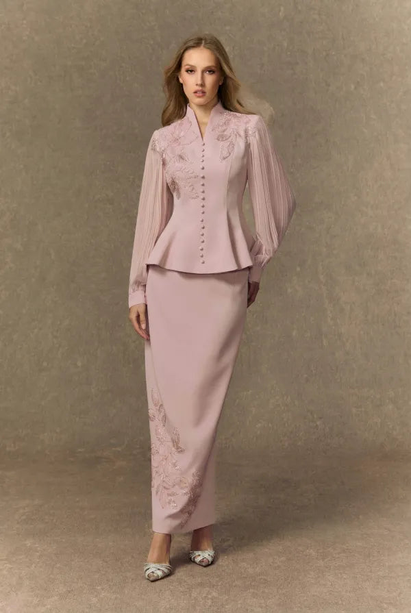 VERA™ - WHITE FLORAL EMBROIDERY PLEATED SLEEVE SKIRT SET