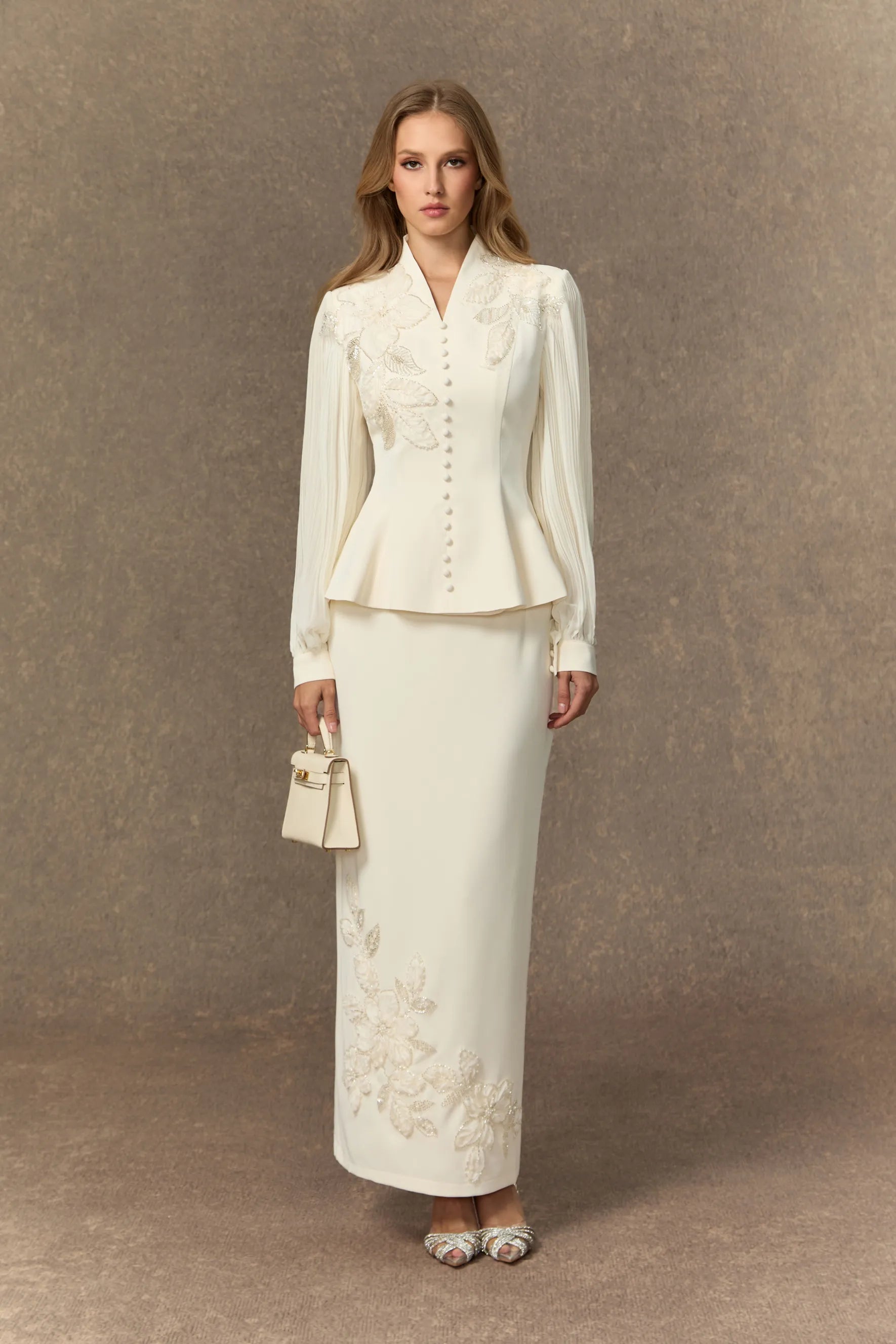 VERA™ - WHITE FLORAL EMBROIDERY PLEATED SLEEVE SKIRT SET