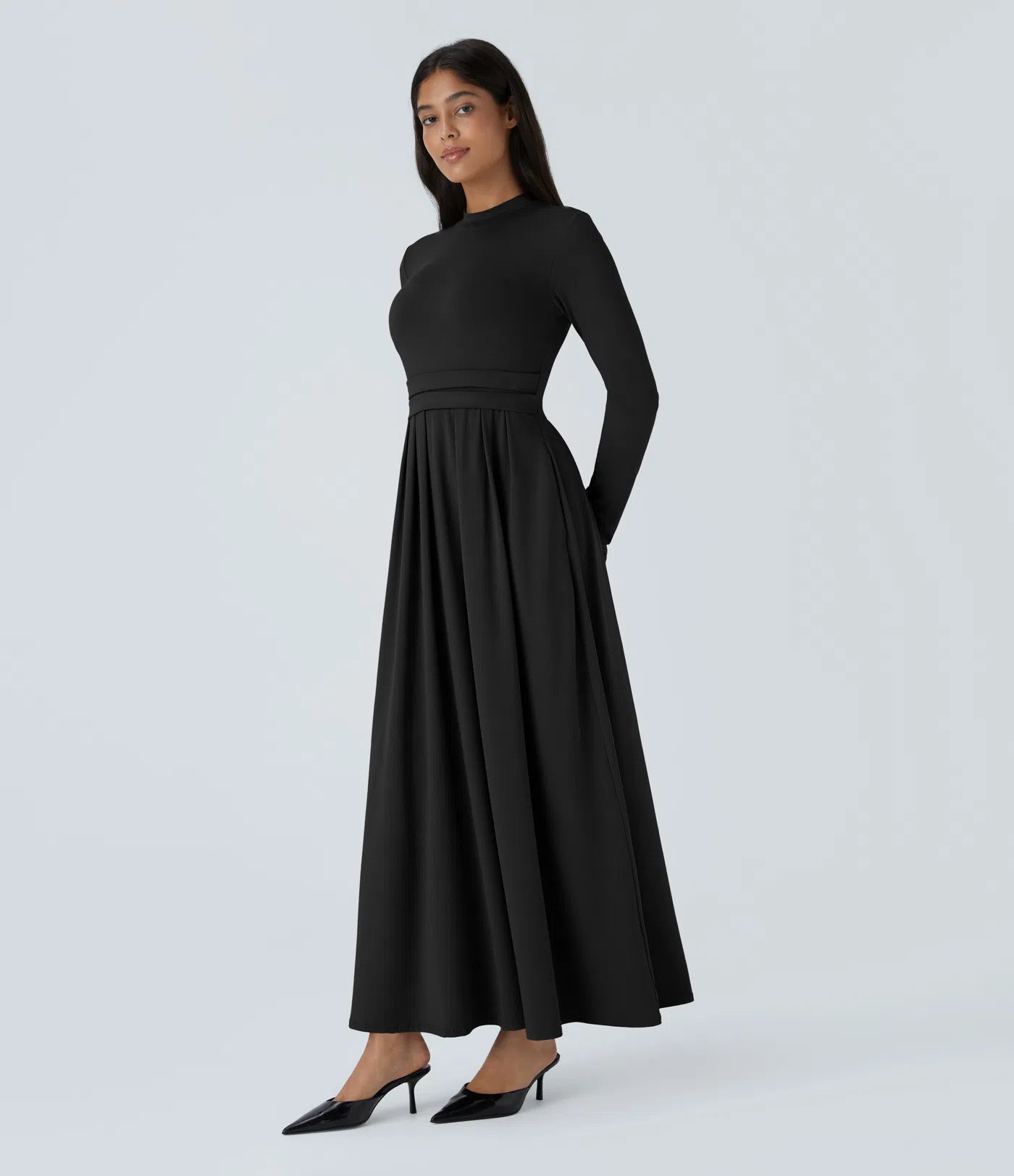 Sofia™ - Mock-neck Long Sleeve Pocket Flare Maxi Casual Dress