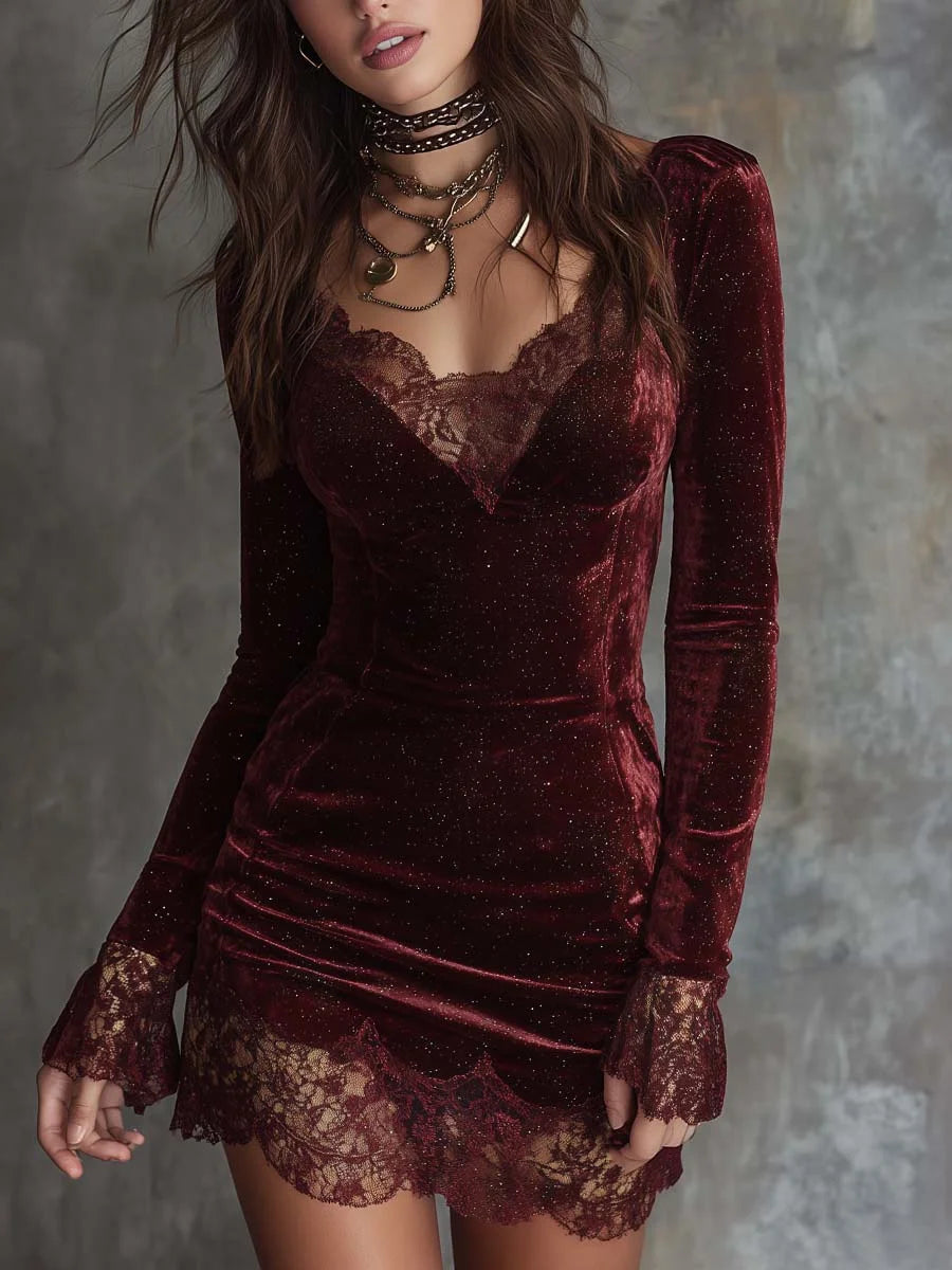 SOFIA™ - VELVET LACE-TRIMMED MINI DRESS